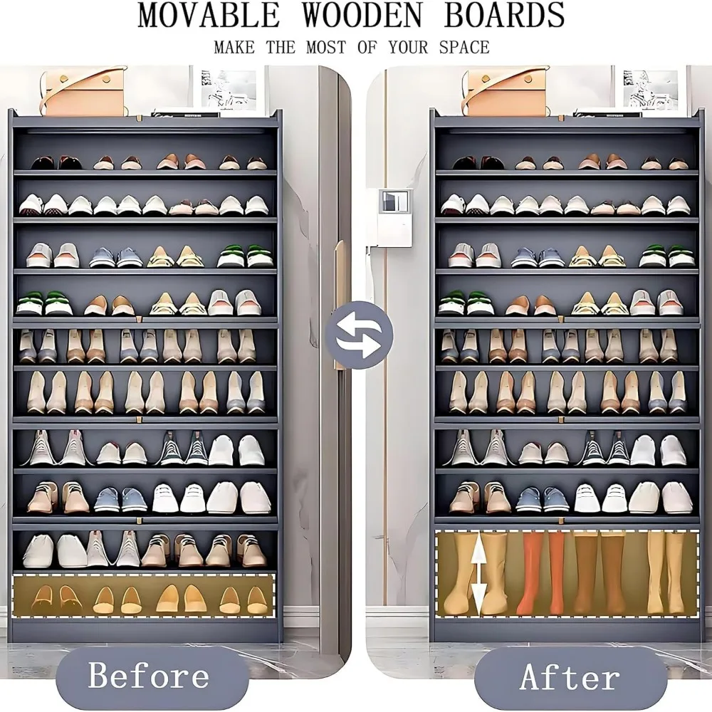 Shoe Cabinet, 40-45 Pairs Heavy Duty Bamboo Freestanding Shoe Storage Cabinet, 67.7'' Tall Shoe Rack with Open Storage 5