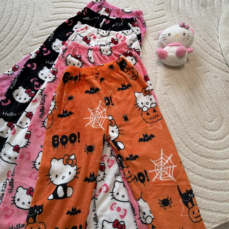 

Halloween Sanrio Hello Kitty Flannel Pajamas Fleece Double Elastic Fabric Soft Trousers Women Trousers Cartoon Casual Home Pants