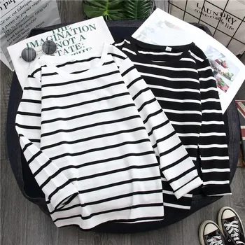 Women Loose Round Collar Autumn Stripes Print Loose Long Sleeve Casual Simple Wild T-Shirt 1