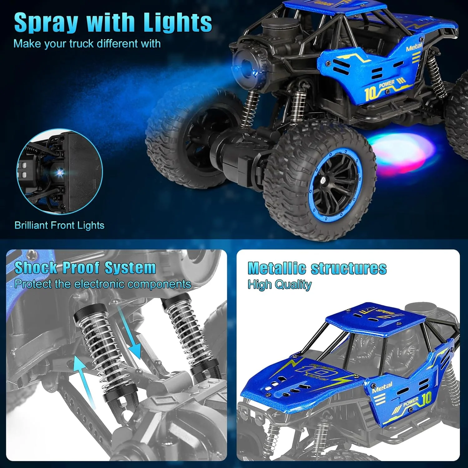 Remote Control Cars, 1:18 Scale All Terrain RC Car, RC Monster Truck Toys with Spray LED Lights, 4WD Alloy Climbing Car Toys 3