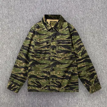 Camicia cargo mimetica mimetica a righe tigre da uomo primavera 2025 Giacca da lavoro a maniche lunghe da ingegnere di moda con doppie tasche