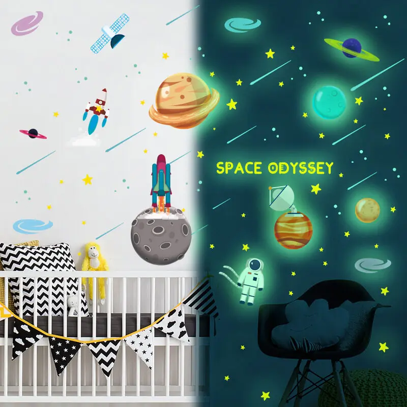 

Luminous Space Planet Rocket Wall Sticker Kids Room Bedroom Home Decoration Living Room Cartoon Decals Glow In The Dark Stickers