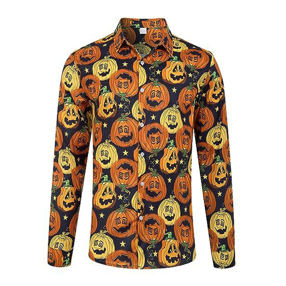 thumbnail image 1 of Camisas de manga larga de Halloween para hombre, camisa con estampado de cabeza de calabaza, camisa informal de calle para adultos, blusa con botones y estampado, traje de fiesta, 1 of 4