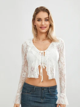 Women's Summer Lace Crop Tops Flare Long Sleeve Tie Front Sheer Cardigan Clubwear 4
