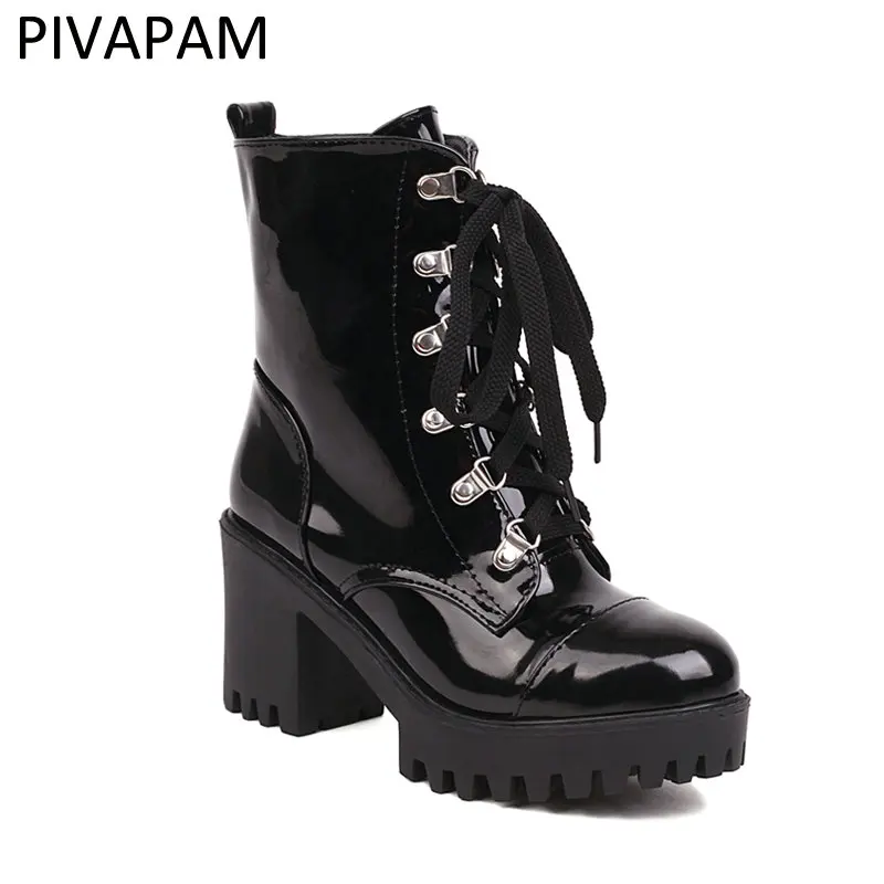 

Womens Ankle Boots Patent Leather Black Red Chunky Heels Lace Up Winter Combat Booties Platform Boots Goth Gothic Shoes Woman