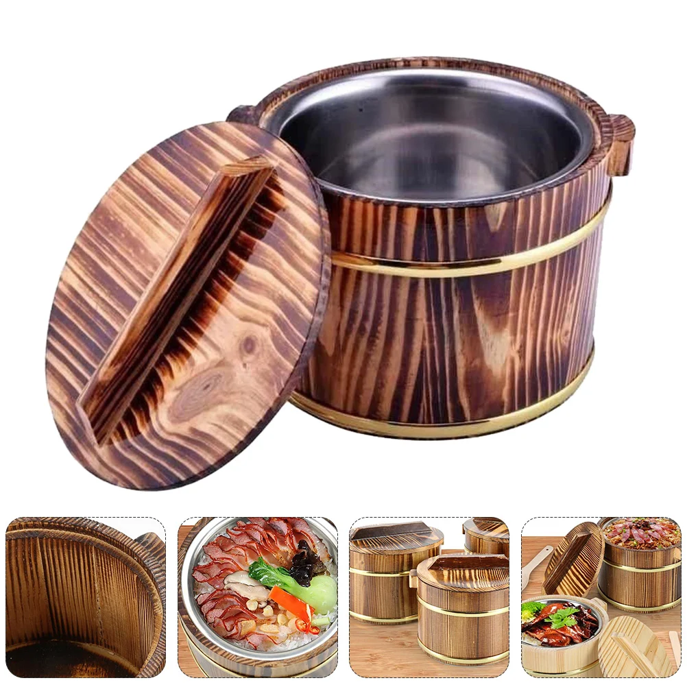 

Wooden Bucket Cask Rice Stainless Steel Containers with Lids Japanese Sushi Bowl Creative Storage