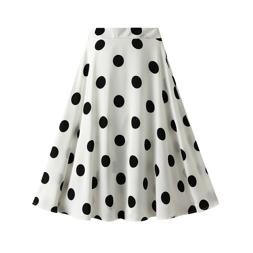 

High Quality 2023 Elegant Women Clothes Polka Dots Print A Line Skirts Elastic Waist Black White Green Summer Midi Skirts RS1082