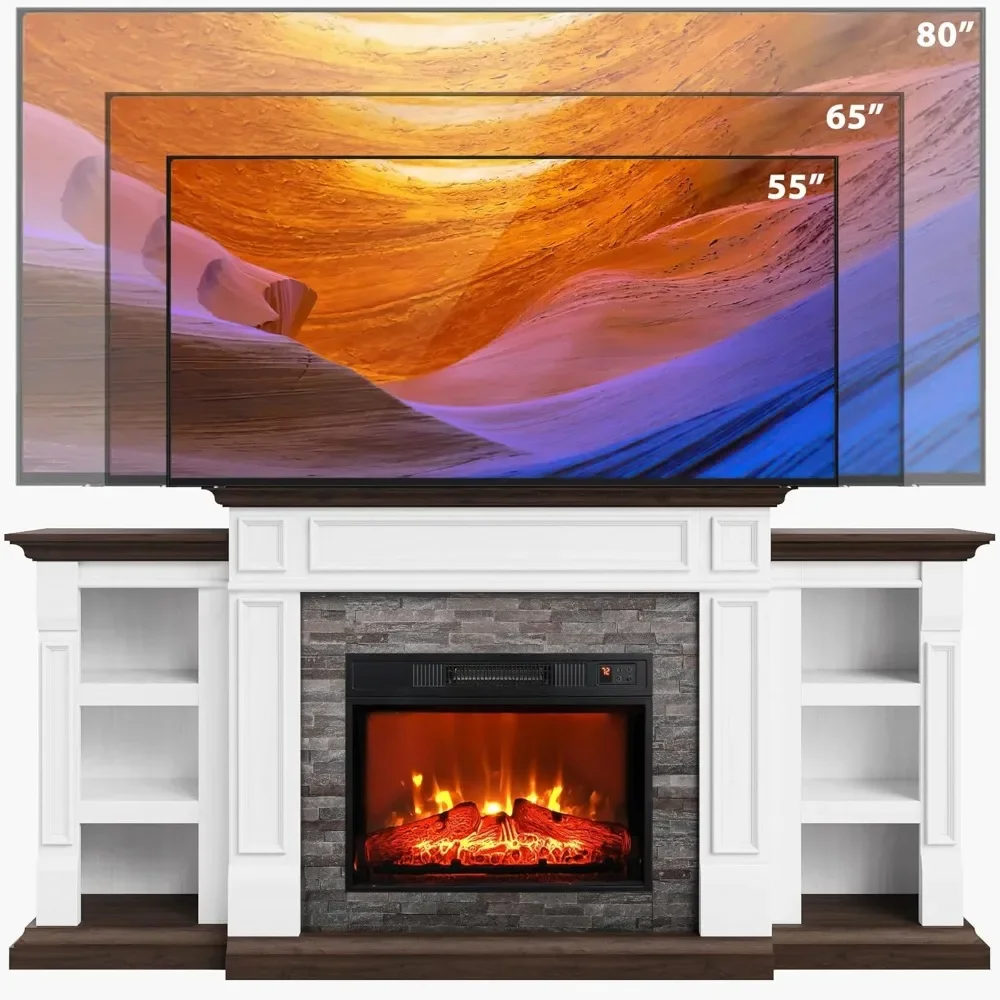 Naice 70" Electric Fireplace with Mantel and Cabinets, Fireplace TV Stand for Living Room Bedroom, Stacked Stone Surround 6