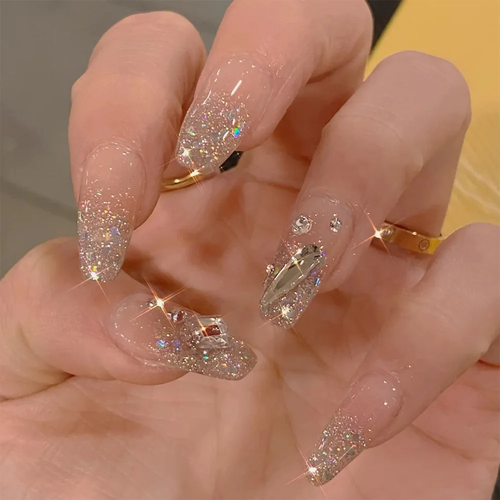24 Pcs Short Coffin Press On Nails with Rhinestone