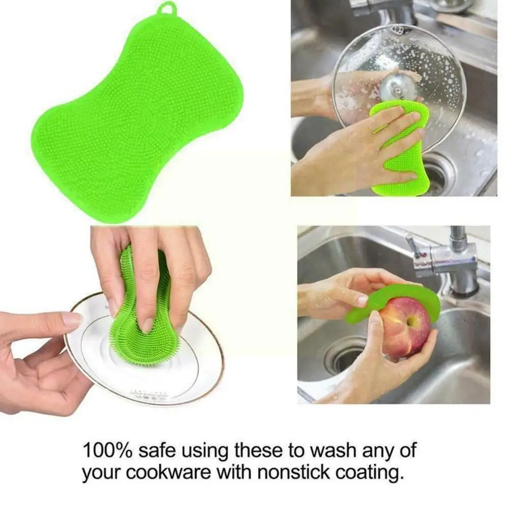 Silicone Dish Pot Sponge Cleaning Scrubber Washing Up Brush Tool Cleaner Kitchen 