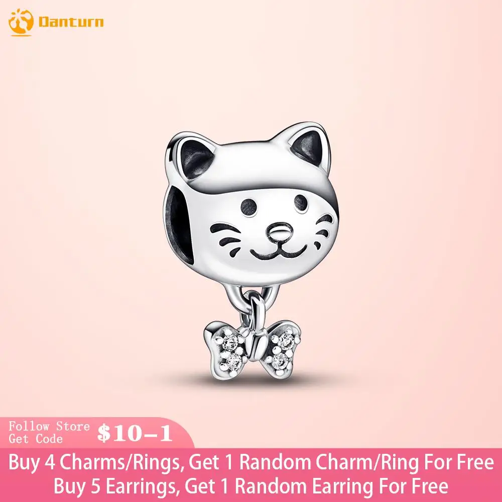 

Danturn 925 Sterling Silver Beads Pet Cat and Bow Charm fit Original Pandora Bracelets for Women DIY Jewelry Making