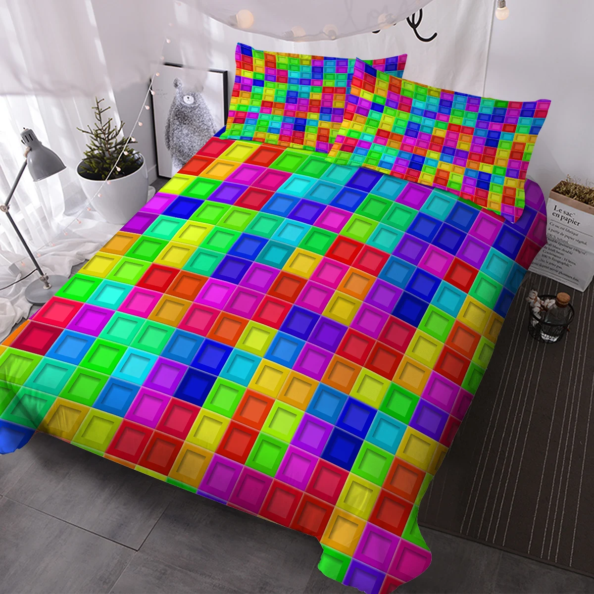 

BlessLiving Rainbow Square Hole Duvet Cover Color Building Blocks Quilt Cover Bedding Set With Pillowcase Boy Girl Bedroom Decor