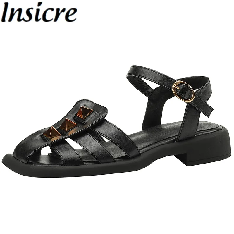 

Insicre 2022 Fashion Summer Shoes Rivets Thick Low Heels Women's Sandals Square Toe Pu Leather Buckle High Quality Black