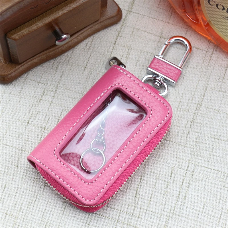 Leather Zipper Square Key Holder Case Chain Women Home Organizer Transparent Window Bag Wallet