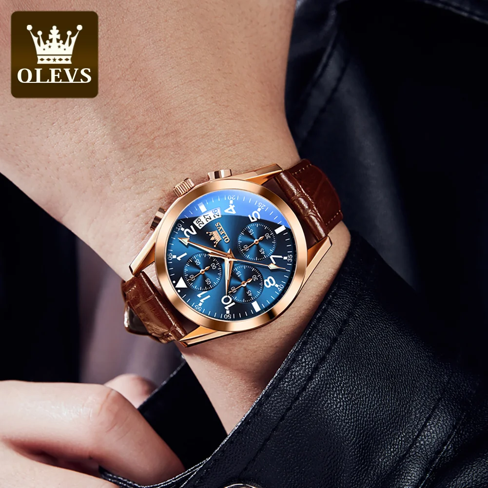 OLEVS Luxury Brand Quartz Watch Leather Strap Calendar Men's Watch Waterproof Luminous Original Authentic Chronograph Male Watch