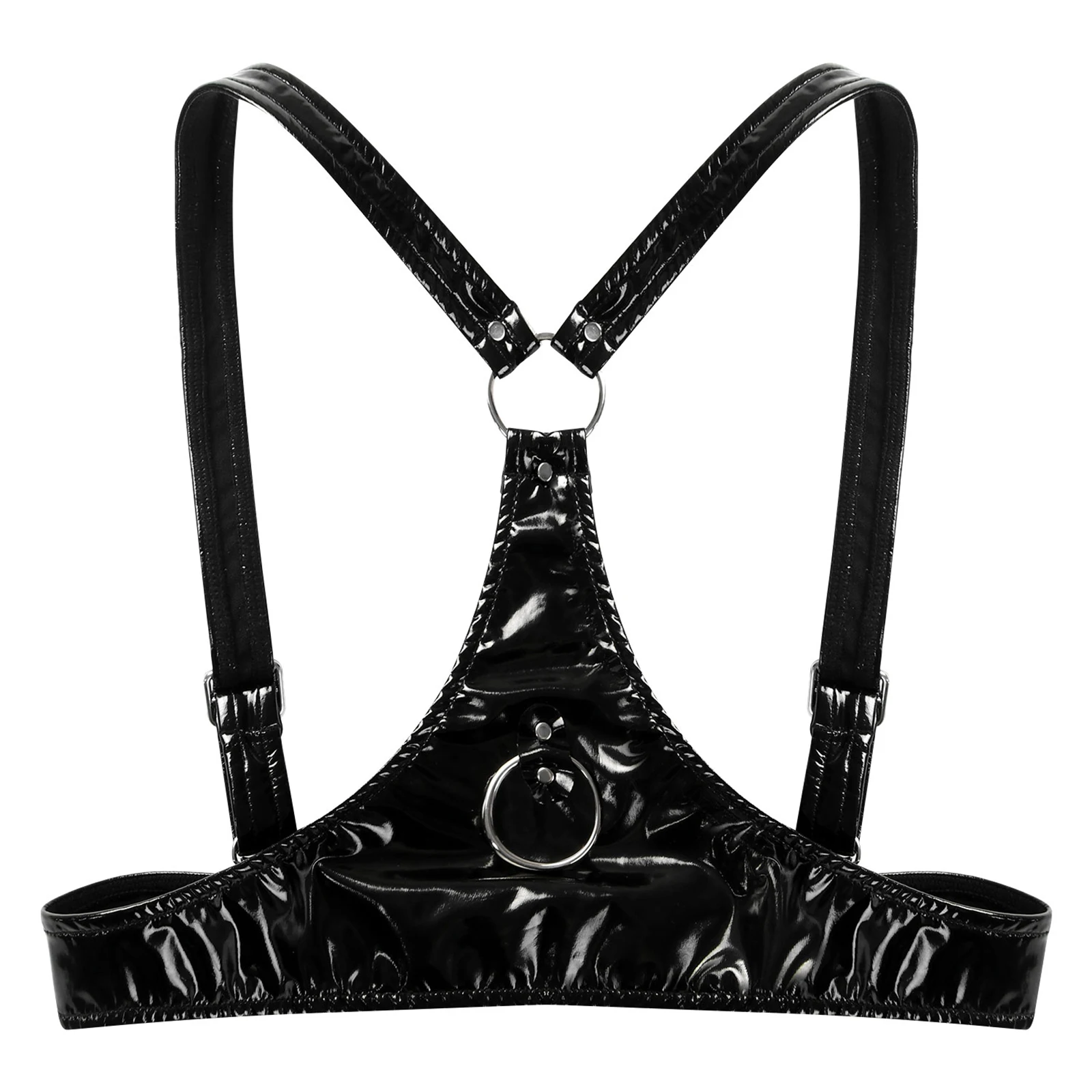 Womens Open Cup Brassiere Lingerie Adjustable Wide Shoulder Straps Bra Tops Wet Look Patent Leather O Ring Crop Top Clubwear Erotic Lingerie