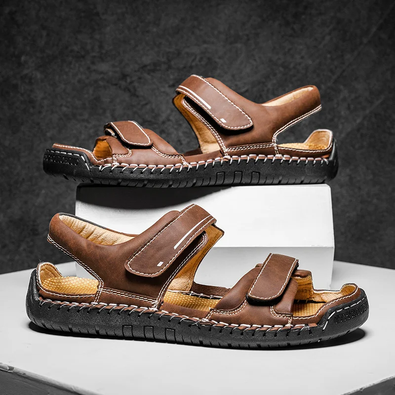 Sandálias gladiadoras masculinas de verão Roma ao ar livre plataforma de couro clássico moda antiderrapante caminhadas sapatos de praia tamanho 38-48_voghion.com