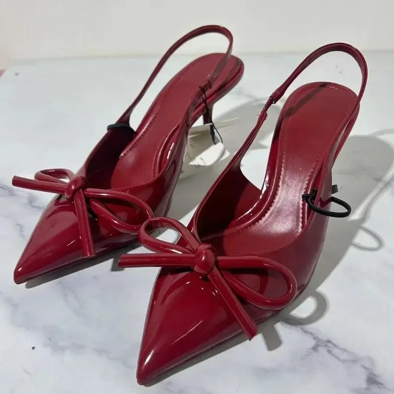 Women Bow Pointed Toe High Heels Sandals Slingback Shoes Mules Sandals