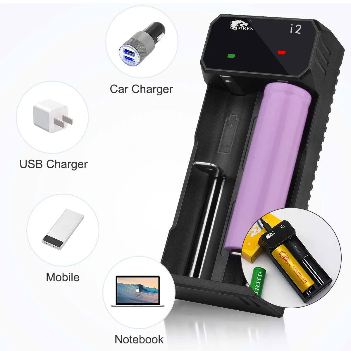 IMREN I2 2slot Rechargeable Batteries USB Charger For 14500 16650 17650 18650 26650 21700 18350 3.7V/3.6V Lithium Battery