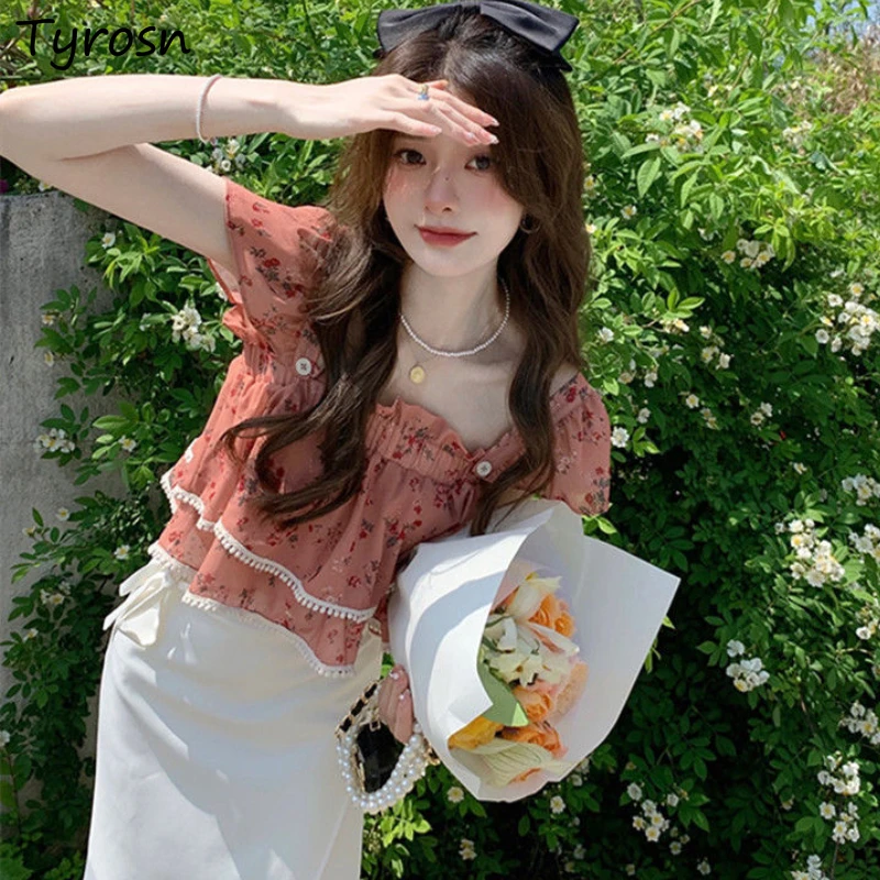 

Floral Blouses Women Folds Sweet Design Temperament Leisure Summer Clothes All-match Retro Korean Style Ins Ladies Cropped Sexy