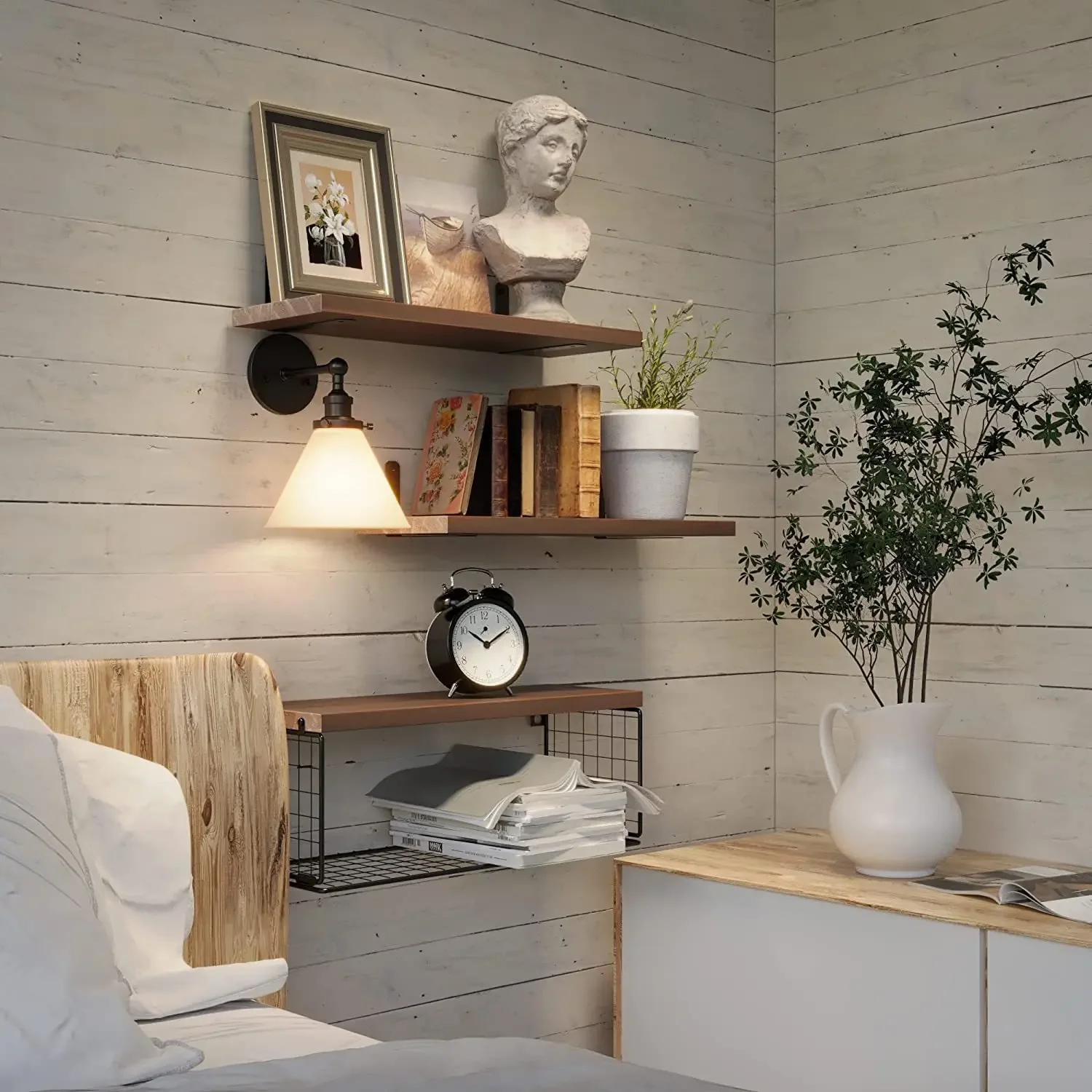 

Wall Mounted Storage Rack 3 Layer Brown Floating Shelve Rustic Wood Shelves Storage Basket Over Toilet Holder Storage Shelf