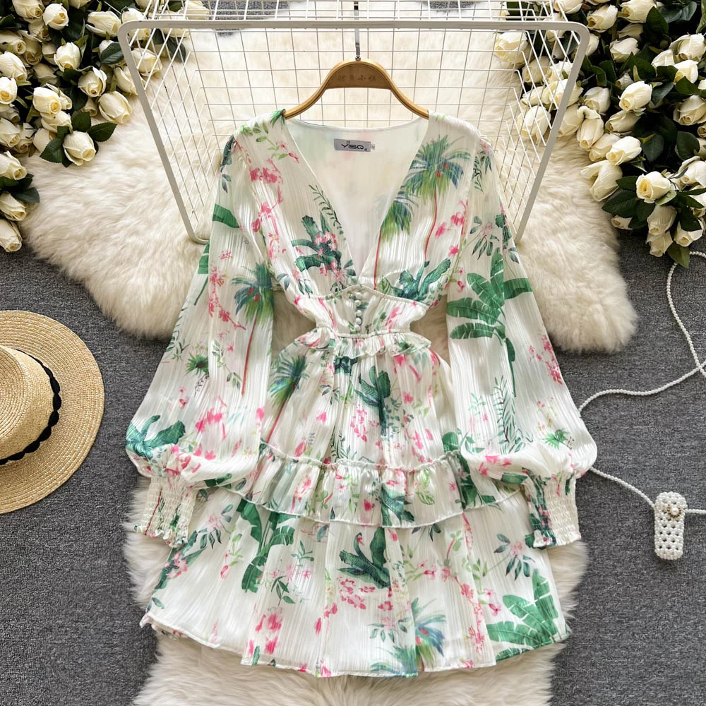 

2022 Spring and Summer New V-neck Dress Printing Large Puff Sleeves Ruffles Loose and Slim Dress