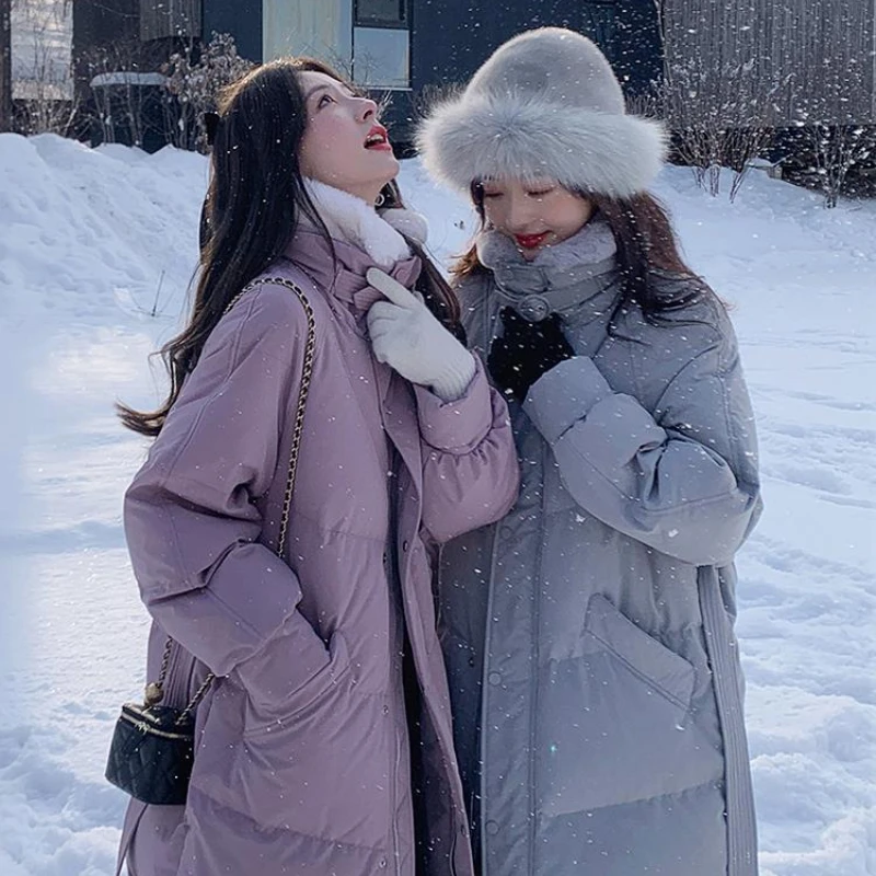 

Fashion Winter 2023 Down Coats Rabbit Fur Stand Collar Waist Mid-Length White Duck Down Jacket Women's Thickened Coat Пуховик
