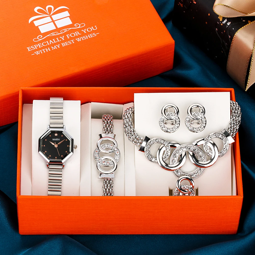Bracelet Wrist Watches for Women Minimalist Steel Belt Quartz Watch Earrings Necklace Ring Fahsion Luxury Gift Set for Lady Wife