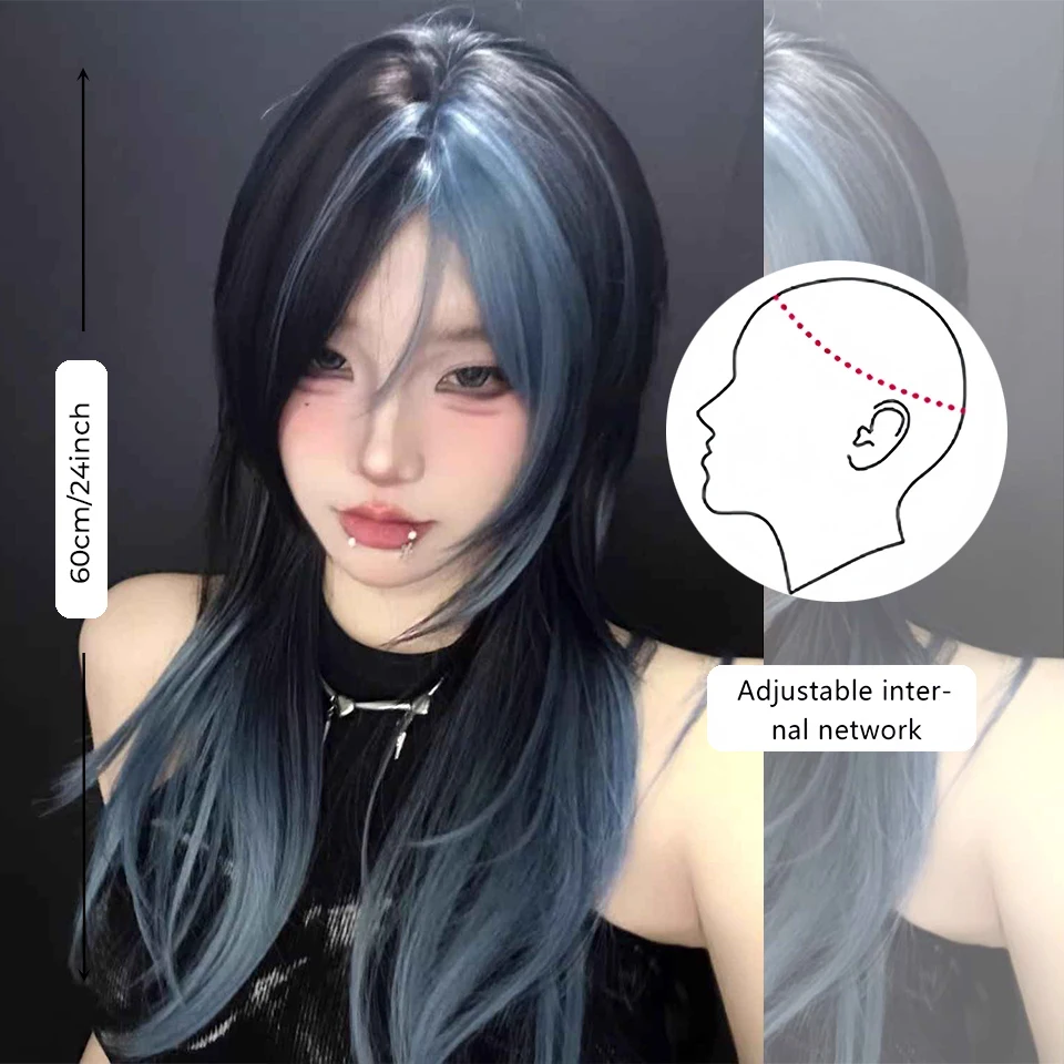 Synthetic Blue Black Straight Wig with Bangs for Women Cosplay