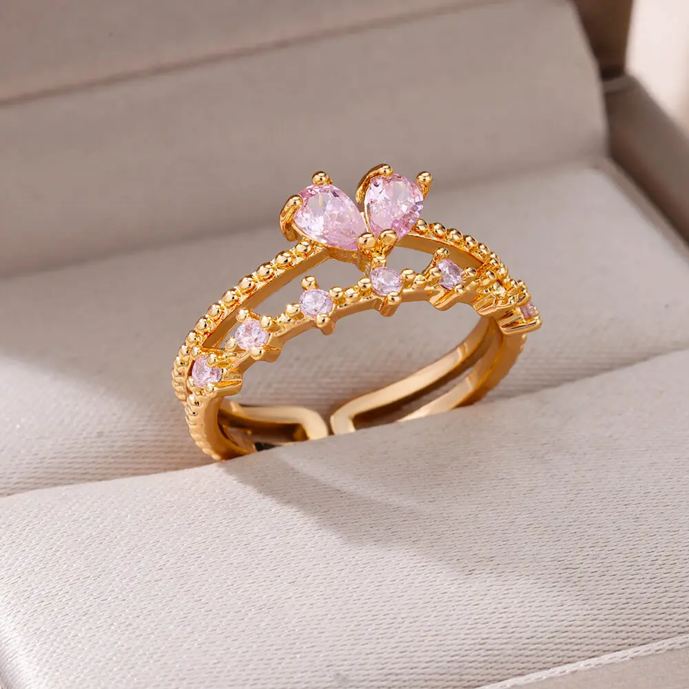 Zircon Stainless Steel Adjustable Heart Double Ring