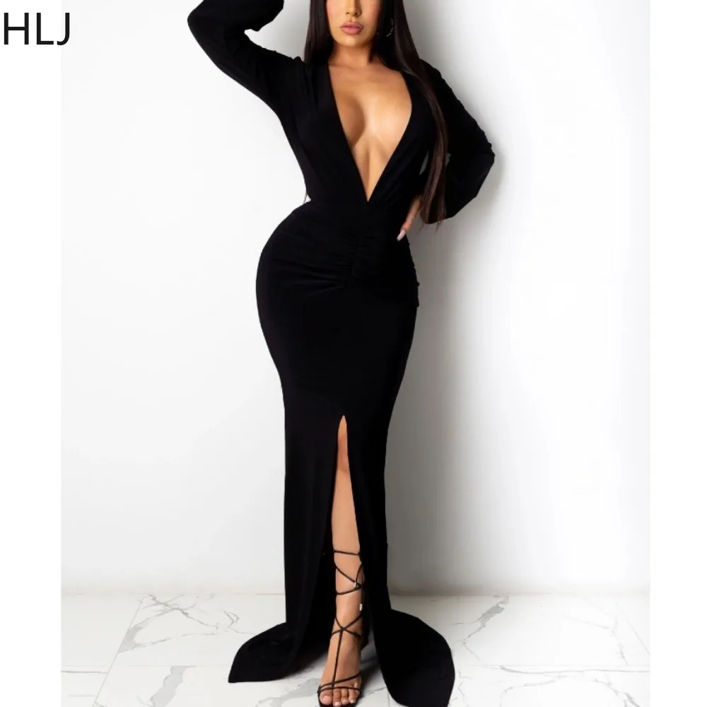 

HLJ Fashion Deep V Ruched Bodycon Evening Party Floor Dress Women Long Sleeve Slit Slim Vestidos Female Solid Pleated Clothing