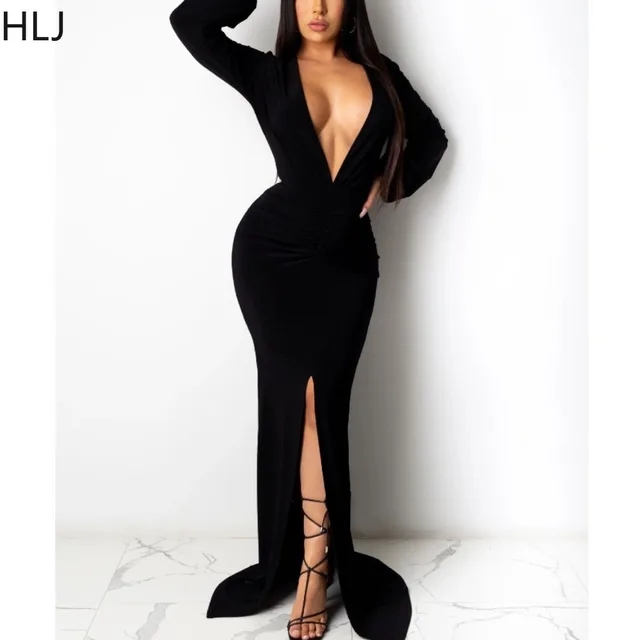 HLJ Fashion Deep V Ruched Bodycon Evening Party Floor Dress Women Long Sleeve Slit Slim Vestidos Female Solid Pleated Clothing Cheap Product Recommendation