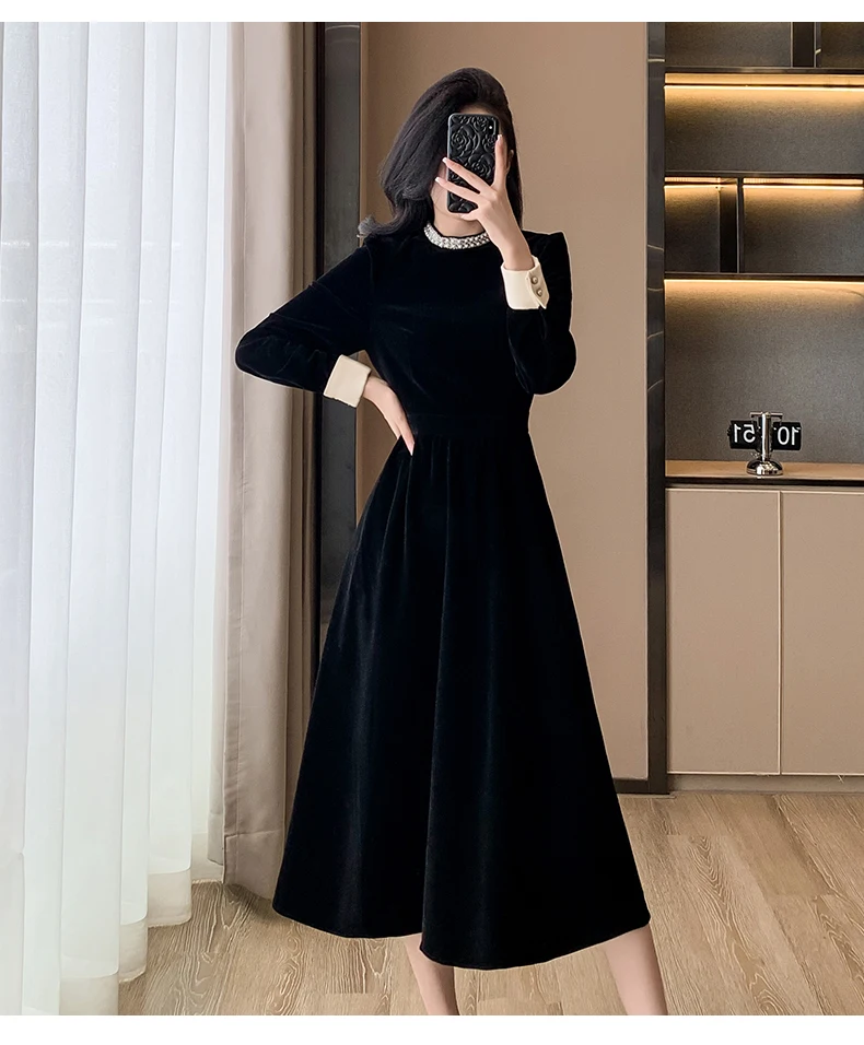 Mujer Primavera Verano Nuevo Elegante Terciopelo Patchwork Midi A Line Vestidos Oficina Dama Manga Larga Fiesta Moda Una Pieza Bata