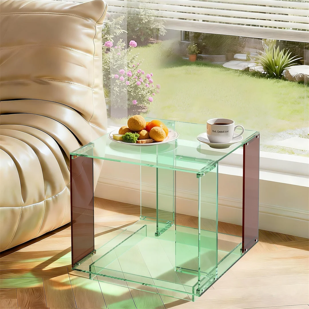 Green-Tinted Acrylic End Table Stand Bedside Nightstand with Open Shelf for Bedroom Living Room Side Table