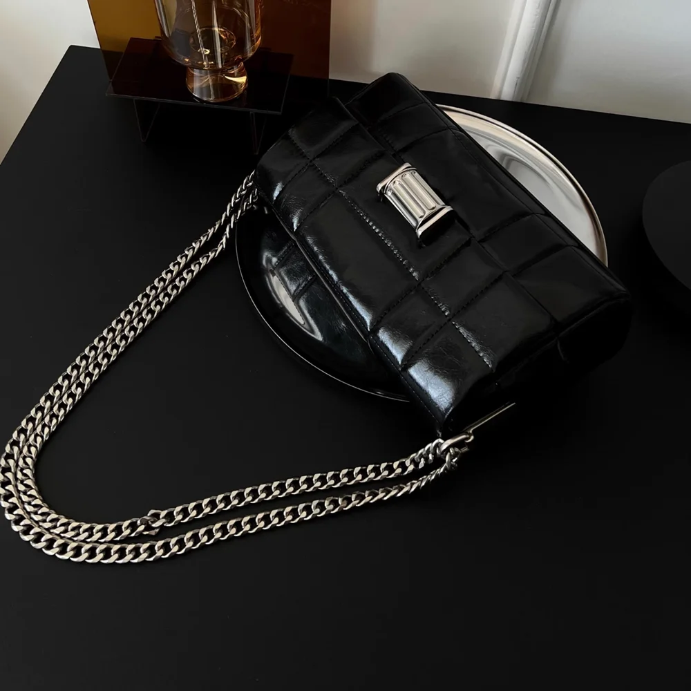

Black Fashion Simple Chains Long Bag\Handbag For Women Genuine Leather Tote Underarm Bag Real Leather Shoulder Crossbody Bag