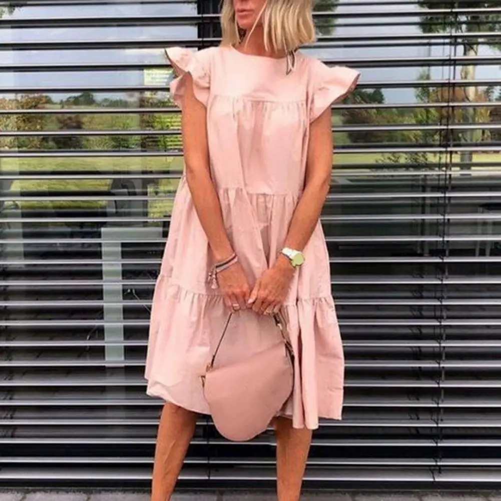 

Female Dress Summer Midi Dress Elegant Swing Hem Party Dress Summer O-neck Fly Sleeve Midi with Ruffle Stitching Oversized Solid