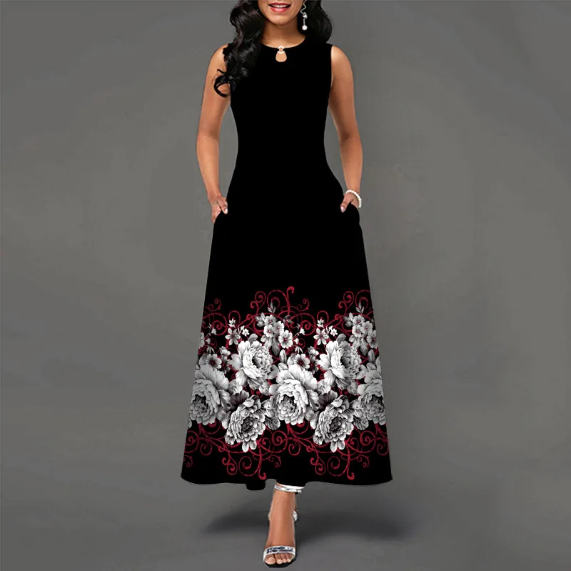 

Chic Midi Dress Summer Elegant Women Floral Printed Long Dresses Casual Sleeveless Beach Holiday Boho Maxi Dress Vestidos Playa