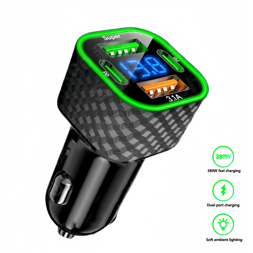 Caricatore per telefono da auto 4 in 1 per iPhone Xiaomi Oppo Vivo Samsung USB C Dual PD con display di tensione Adattatore di ricarica super veloce da 380 W - Image 3