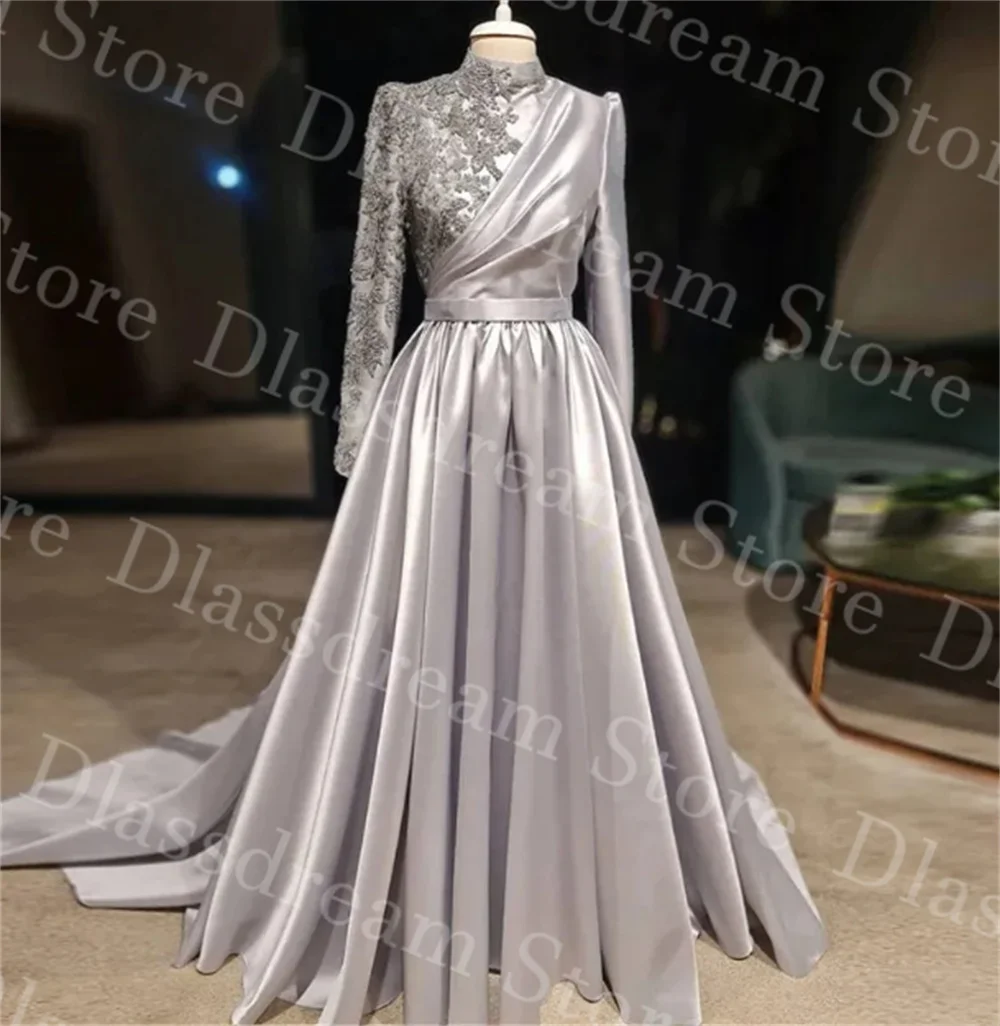 

Silver A-Line Vintage Prom Dress Long Sleeves Special High Evening Dress Ruched Appliqued Formal Gowns Custom فساتين طويلة