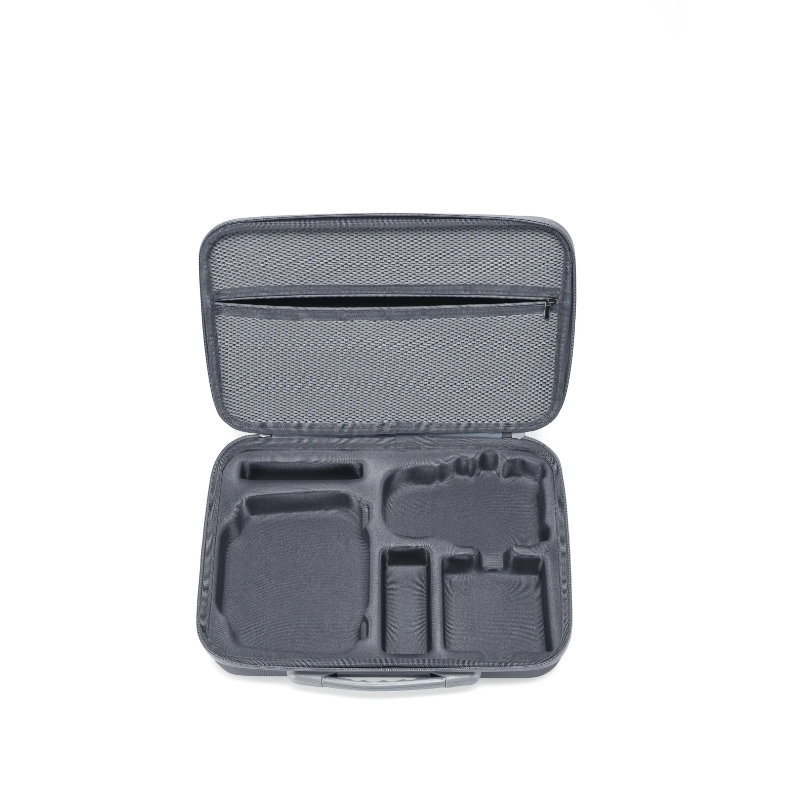 Sac de rangement pour DJI Mini 5 Pro ouvert, révélant l'intérieur rembourré avec compartiments pour drone et accessoires.