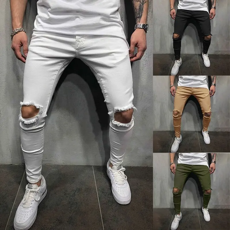 Men Ripped Jeans Spring Summer Autumn Fashion Casual Hole Slim Fit Skinny Stretch Long Denim Pants Streetwear