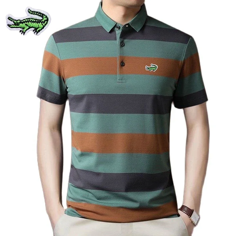 

Men's Knitted Stripe Embroidered High end Polo Shirt New Summer Korean Fashion Business Casual Fit Polo Neck Short Sleeve T-shir
