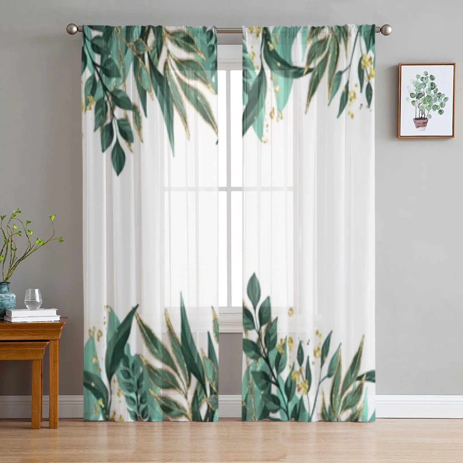

Летние прозрачные оконные шторы с растениями и зелеными листьями для гостиной, спальни, современные тюлевые занавески из вуали, тканевые занавески для кухни
