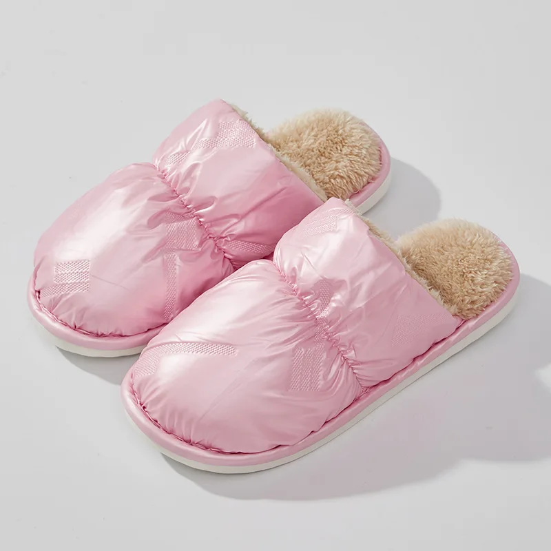 2022 Winter Couples Outer Wear Glossy Waterproof Upper Floor Slippers Women's Household Warm Down Cloth Cotton Shoes Mujer