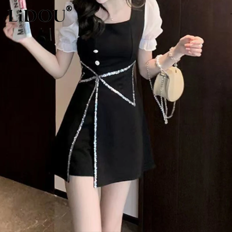 

Summer Fashion Office Lady Elegant Chic Sequin Vocation Mini Dresses Vintage Square Collar Patchwork Simple A-line Dress Vestido