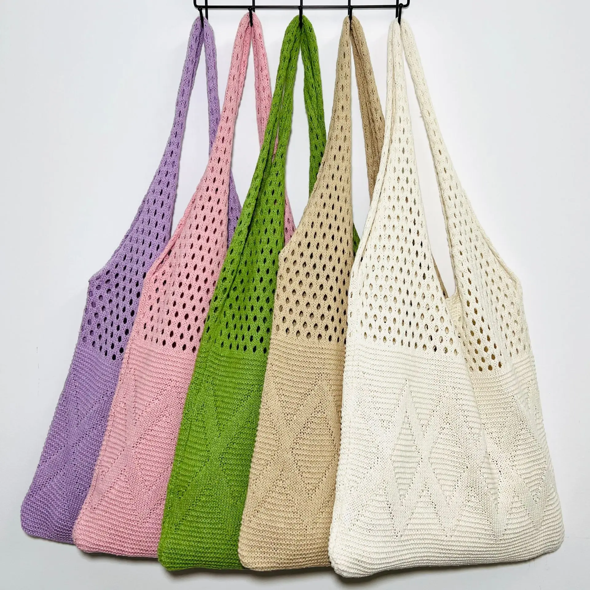 Soft Knit Fabric Cloth Shoulder Bag Summer Bright Solid Color Tote Diamond Lattice Shape Pattern Hollow Out Fashion French Style