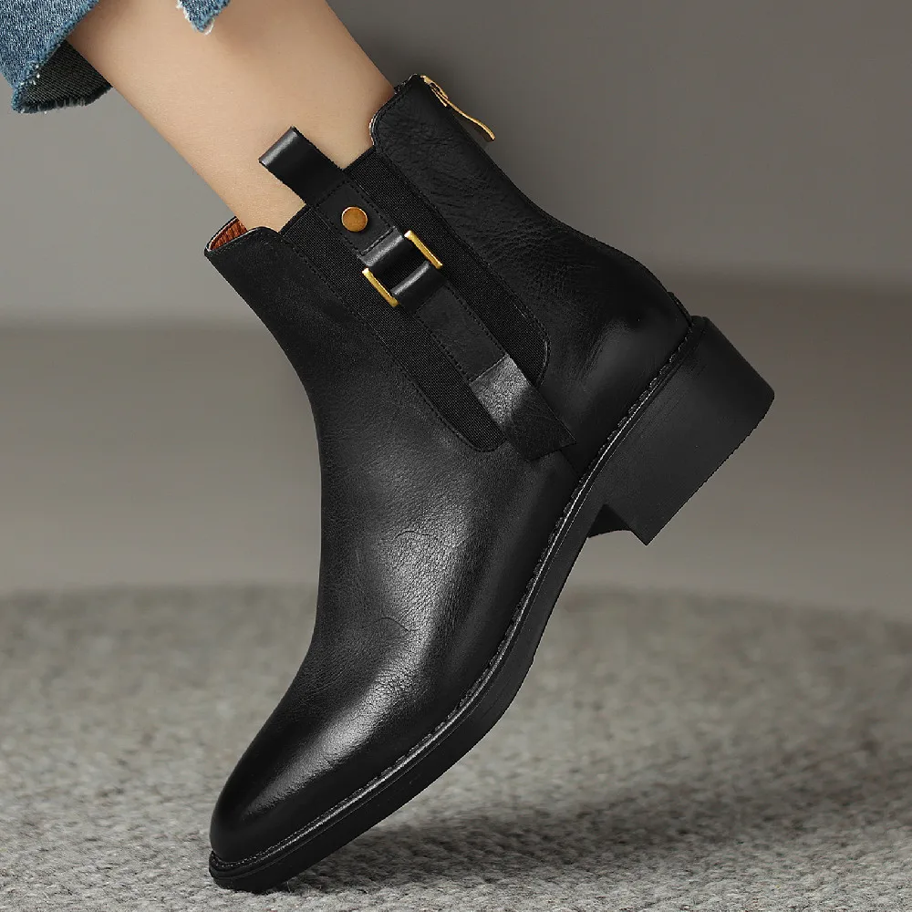 

Women's genuine leather elastic metal buckle flats autumn ankle boots back zip round toe casual female short chelsea boots shoes