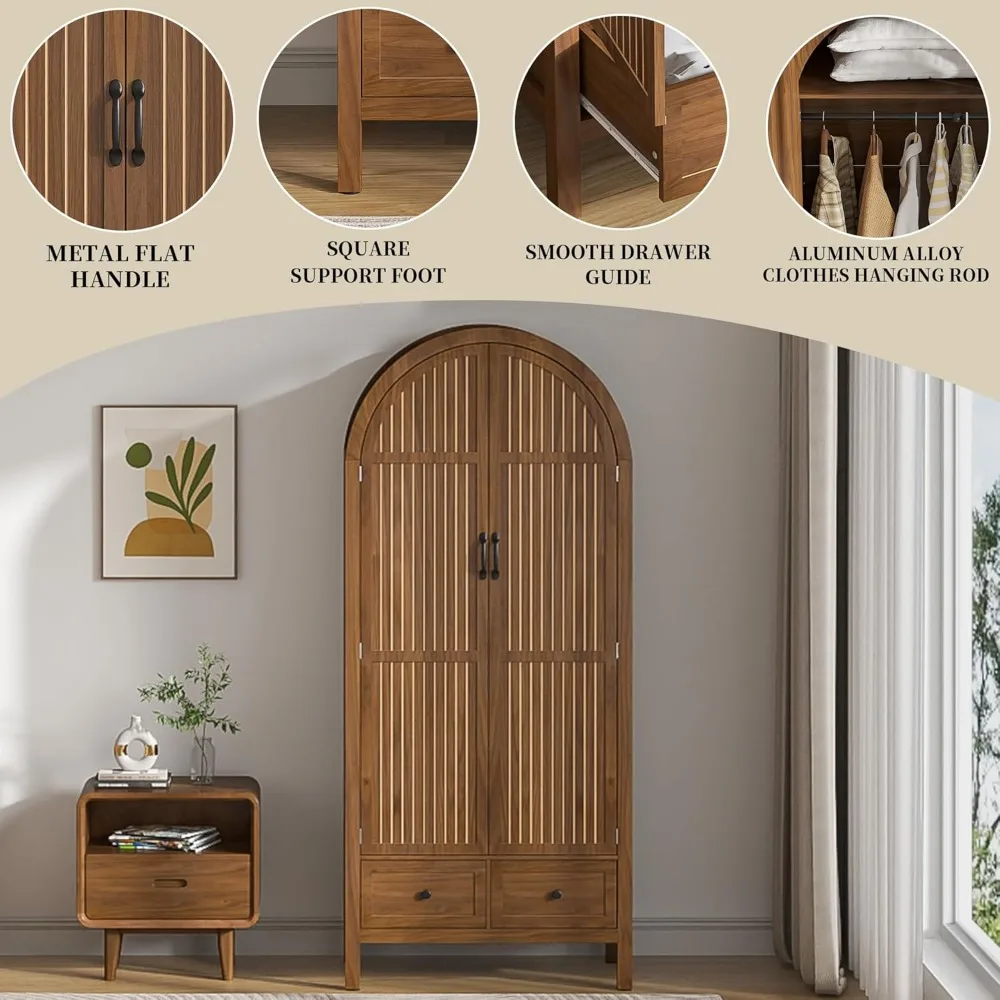 Wardrobe closet with drawers and 2 arched fluted doors. 70.87" tall wooden bedroom armoires with shelves and hanging rod. 3