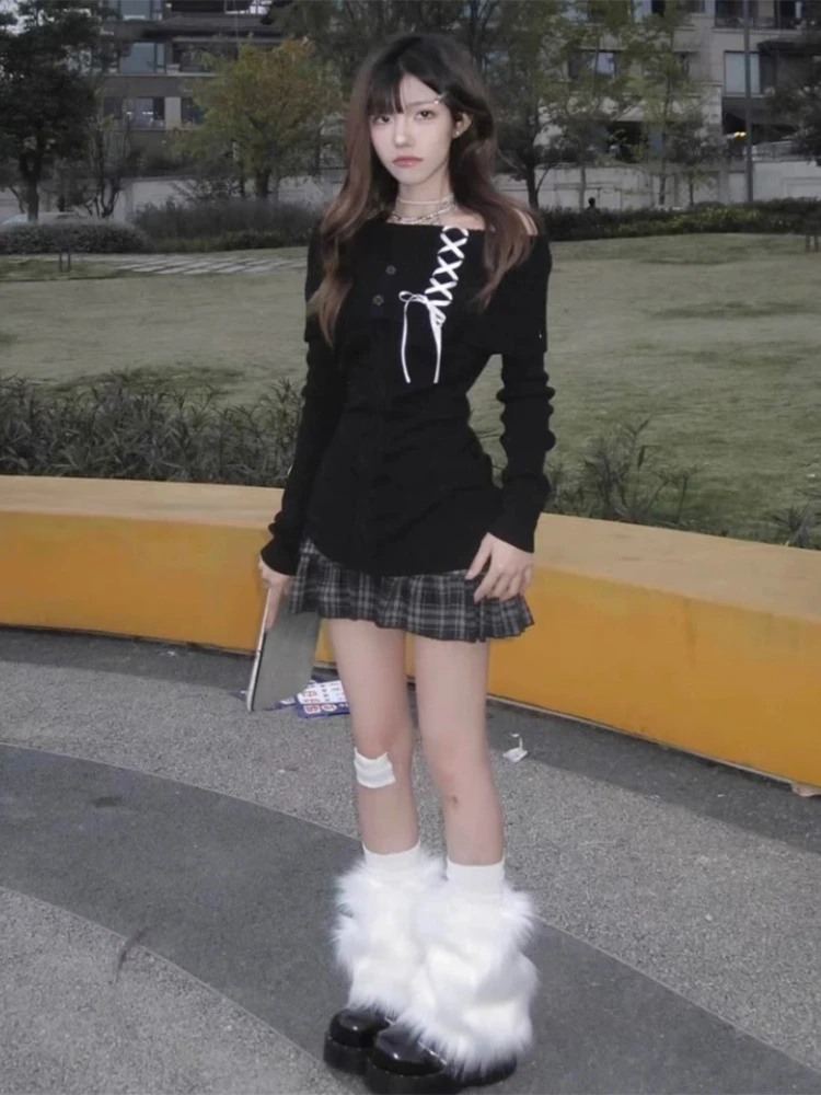 Deeptown 여성용 빈티지 우아한 스트리트웨어 니트 풀오버, 한국 패션, 섹시한 활 붕대 슬래시 넥 슬림 스웨터, 솔리드 시크 