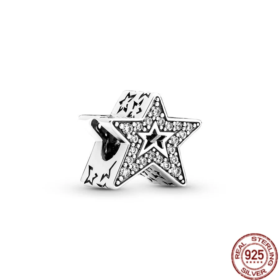 925 Sterling Silver Pavé Assimétrica Estrela e Lua Crescente Charme, Cadeia de Segurança Beads Jóias, se Fits Original Pulseira Pandora